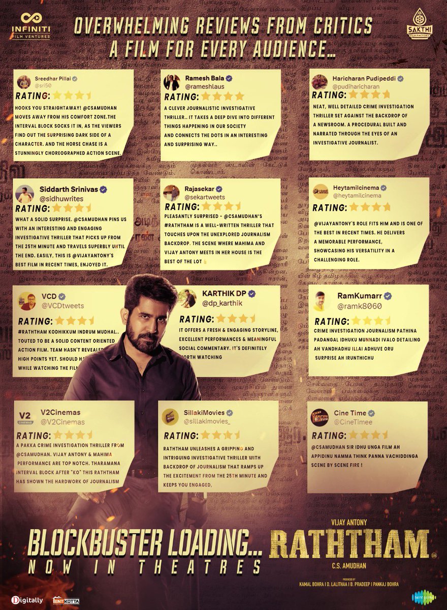 #Raththam #ரத்தம்🩸gets overwhelming reviews from Critics & Audience 🔥 First set of reviews here🏆 #RaththamFromToday 💪 Book Ur Tix Now: 🔗 t.ly/RATHTHAM From @csamudhan @vijayantony @fvinfiniti @mahima_Nambiar @nanditasweta @bKamalBohra @Dhananjayang @lalithagd