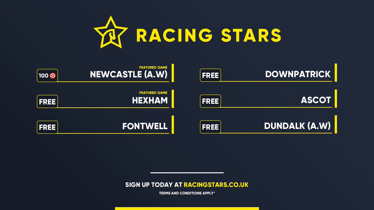 RacingStarsLtd's tweet photo. Where will you be playing along today? 

• Newcastle
• Hexham
• Fontwell
• Downpatrick
• Ascot
• Dundalk 

⭐️ Visit https://t.co/GzaE6YsWYa for the chance to WIN. 

#RacingStars #Horseracing https://t.co/CloC7uP0PQ