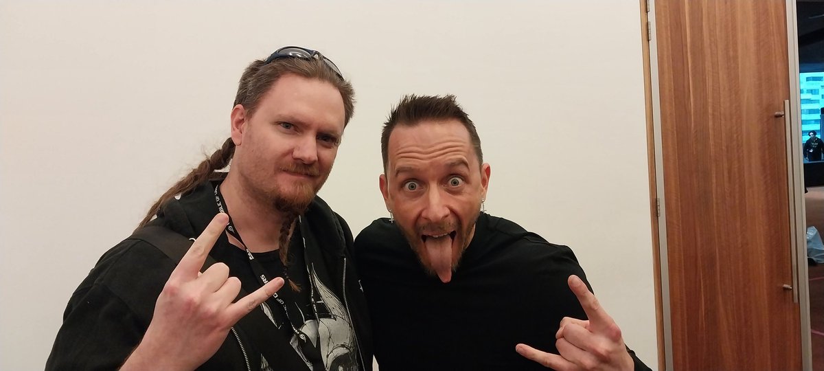 Got to give <a href="/Mick_Gordon/">Mick Gordon</a> a pick at <a href="/PAXAus/">PAX Australia</a> today. And I got my DOOM bag signed. While wearing my Rip and Tear hoodie. And <a href="/matthewkheafy/">Matthew kiichichaos Heafy</a> shirt. Which he commented on.