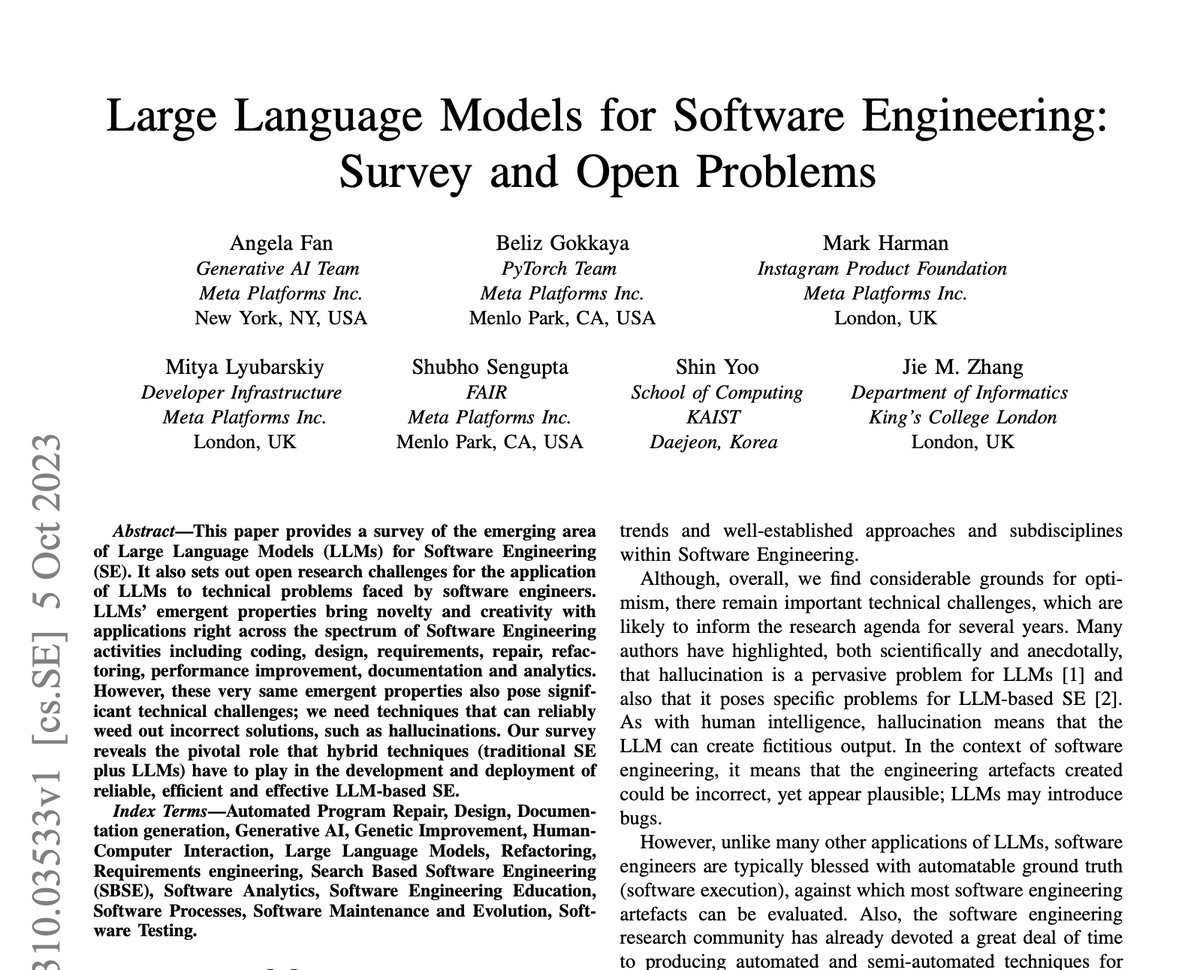 The paper 'Large Language Models for Software Engineering: Survey and Open Problems' is now on arXiv: arxiv.org/abs/2310.03533 Any comments and suggestions are welcome!!