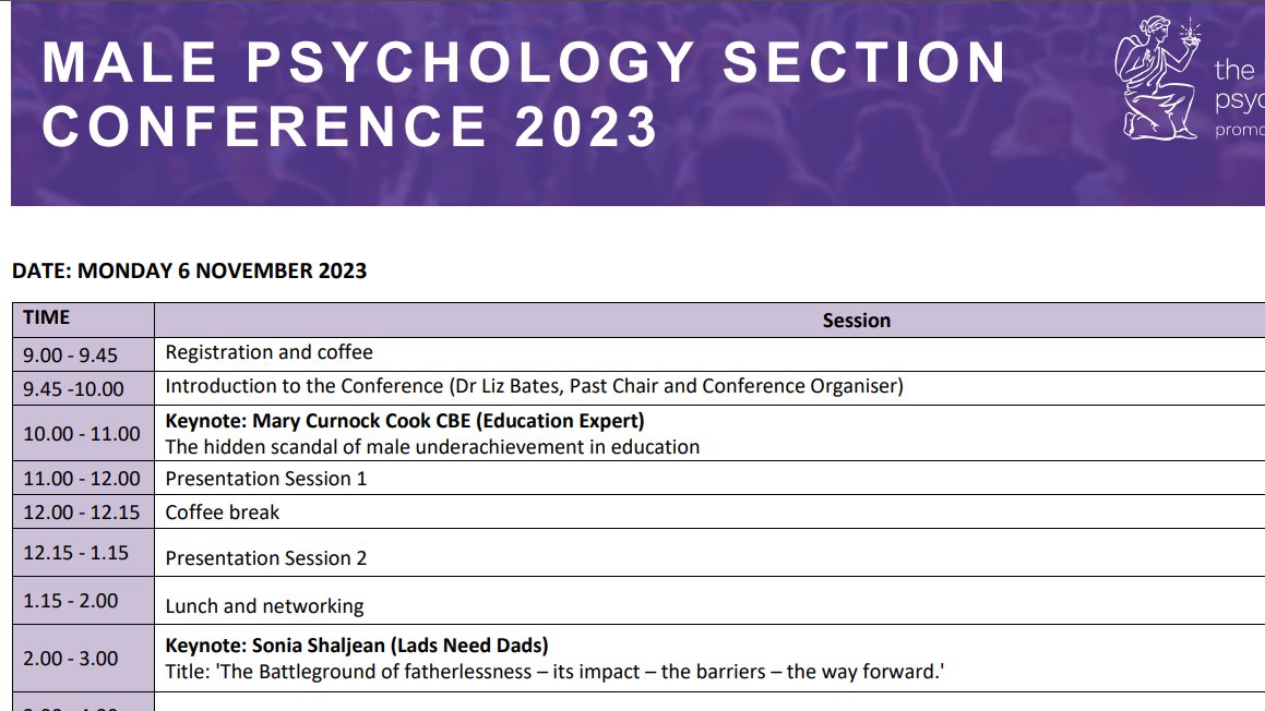 There will be some important topics re boys at the <a href="/male_bps/">Male Psychology Section of the BPS</a> BPS Male Psychology Section conference in London on 6 &amp; 7 Nov, including:

- Needs of boys in school
- Importance of fathers
- Exposure to the 'toxic masculinity' narrative

Full program in link:
cms.bps.org.uk/sites/default/…