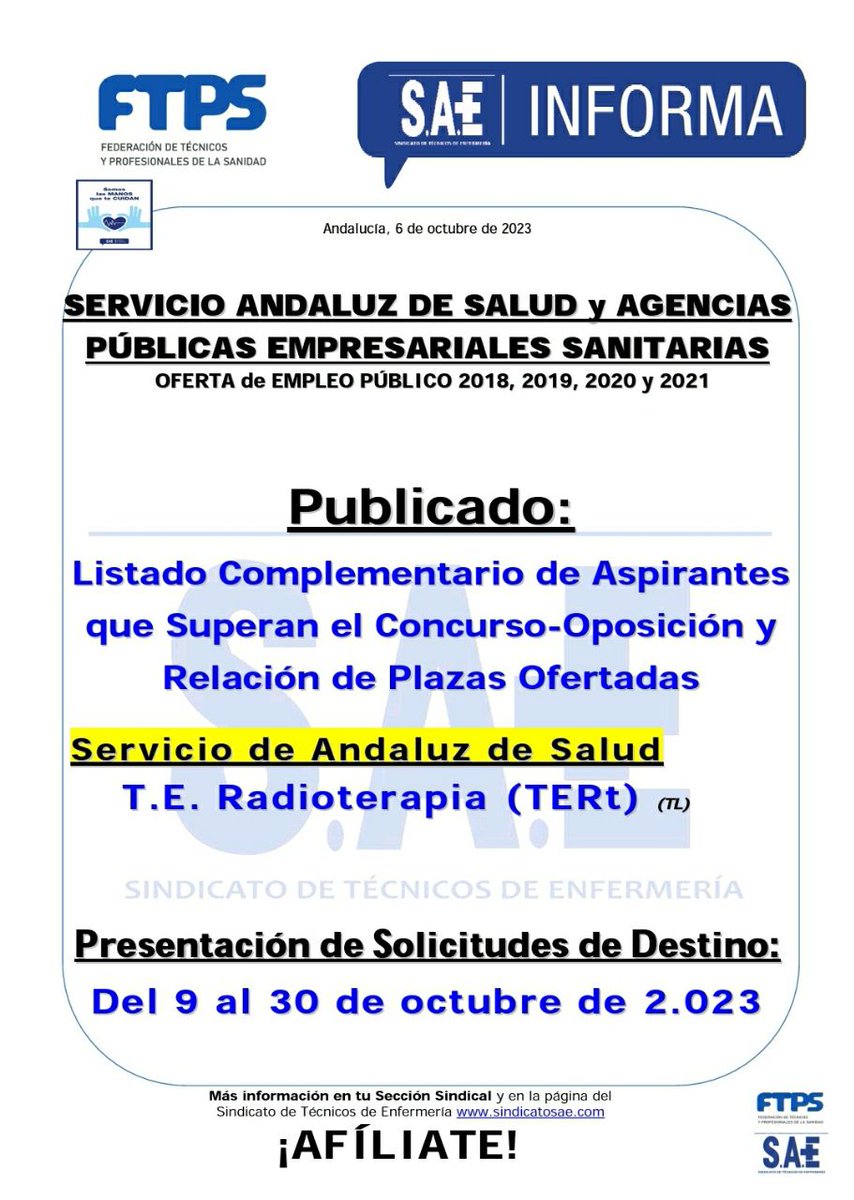 SaeAndalucia's tweet photo. ❗️T. E. RADIOTERAPIA❗️
#SAEAndalucía | 📢 Listado #Complementario.
➕Información en tu Sección Sindical #SAEAndalucía 🙂👍
Conecta con #SAEAndalucía en 👉🏼 https://t.co/g518cS1fdm
#SomosLasManosQueTeCuidan #SomosEnfermeria #SomosTécnicos #SAEContigo #SAEAndalucía https://t.co/BasrgxVxeI