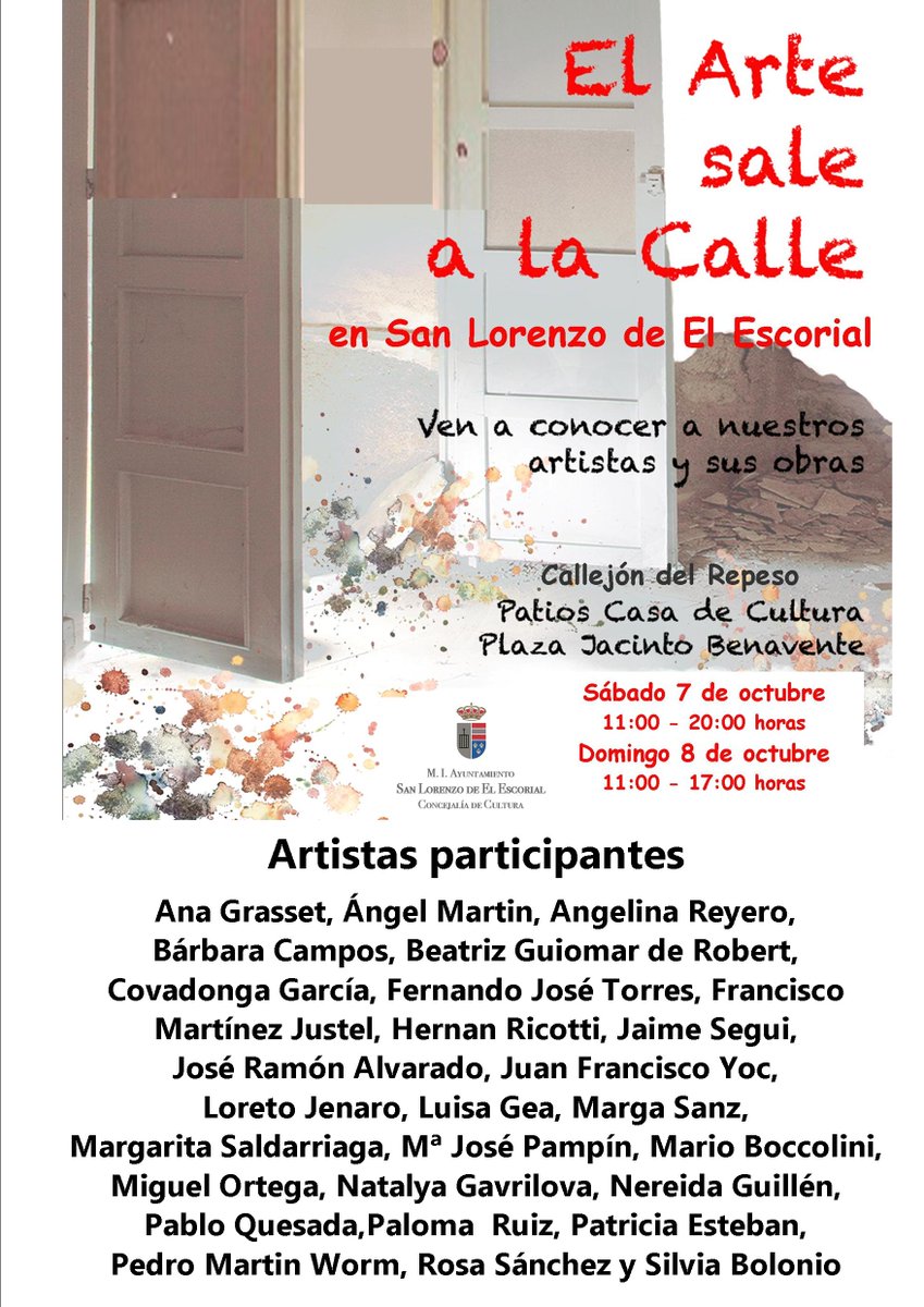 Fin de semana con arte en #SanLorenzodeElEscorial
Ven  conocer las creaciones de 30 artistas
👉Los cuentos carbonatados con pigmentos de Marta Irurozqui 
👉Aladedos, obras de Pelaez y Olaechea
👉'El Arte sale a la Calle'. Esta vez también en el callejón del Repeso
@aytosanlorenzo