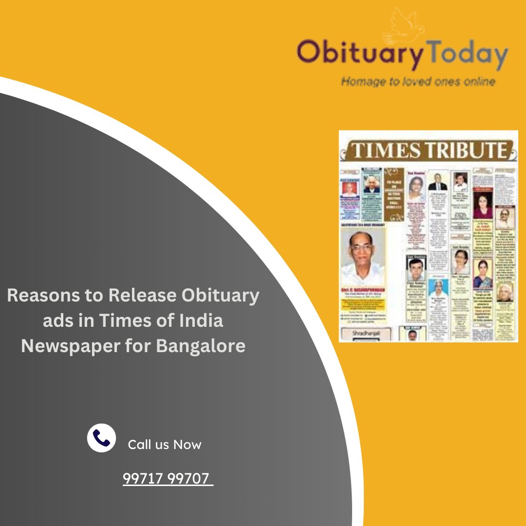 obituarytoday's tweet photo. Reasons to Release #Obituary ads in Times of India Newspaper for Bangalore: Releasing an obituary advertisement in The Times of India newspaper for Bangalore can be a thoughtful and important decision for several reasons. Read more:
https://t.co/rW5YoHDEJU
#timesofindia https://t.co/moWhqtlUhE