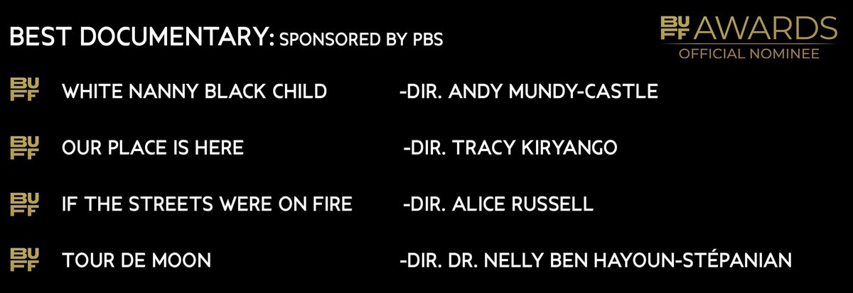 TheBUFFAwards's tweet photo. BUFF Awards 2023.
The nominations for best documentary (sponsored by @POVdocs / @PBS) 

🟠WHITE NANNY BLACK CHILD - dir. @andymundycastle 

🟠OUR PLACE IS HERE - dir. @karmicdelight 

🟠@IfTheStreetsDoc - dir. Alice Russell 

🟠@TourdeMoon - dir. @NellyBenHayoun 

#BUFFAwards https://t.co/yLKvM1lIVD