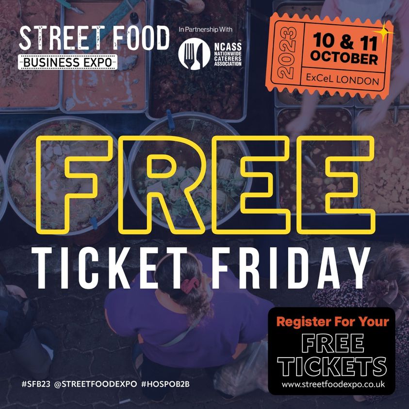 🎉 Last chance for a free ticket to the 2023 Street Food Business Expo! Don't miss out on 100+ suppliers, 50+ inspiring seminars, networking, awards, and the Sustainability Trail 🌿 Secure your spot now: tinyurl.com/yc5tn6ar 🎟️ See you next Tuesday! 
 #SFBE23 #freeticketfriday
