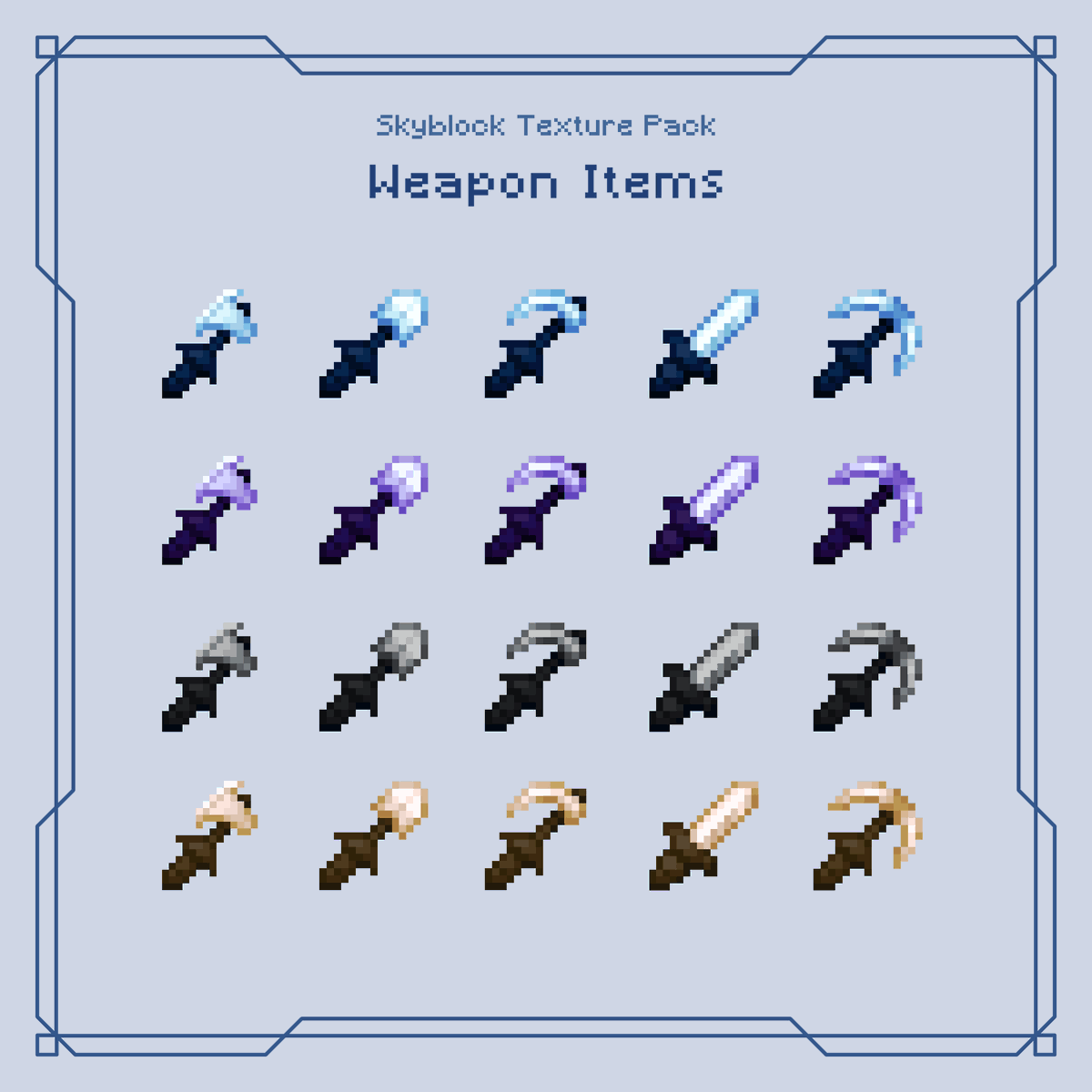 ora_tron_design's tweet photo. Weapon items from our upcoming @Minecraft Skyblock Textures ⚔️

#OraTronDesign #minecraft #pixelart #items #minecraftitems #weapon #axe #pickaxe #shovel #sword https://t.co/9rYs30Xbrj