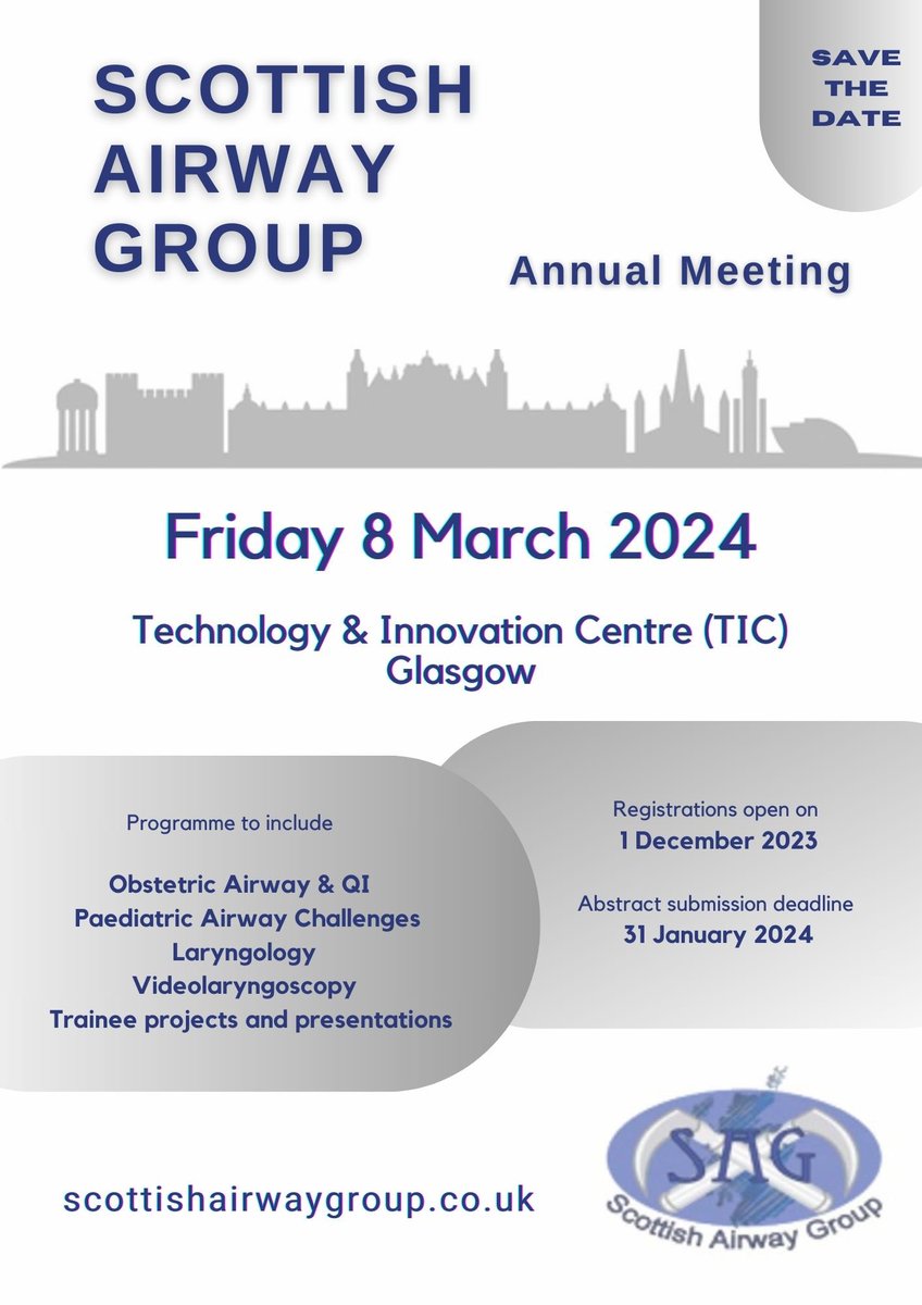 Save the date for Scotland’s premier airway meeting. 
Get 8 March 2024, Glasgow in your diary! 
<a href="/AnaesthesiaScot/">Scottish Society of Anaesthetists</a> <a href="/ScotAirwayGroup/">ScottishAirwayGroup</a> <a href="/WoSICS/">WoSICS</a> <a href="/WoSAnaesTeach/">WOSAT</a> 

#anaesthesia #airwayeducation #scottishairwaygroup #SAG #anaesthesiaeducation