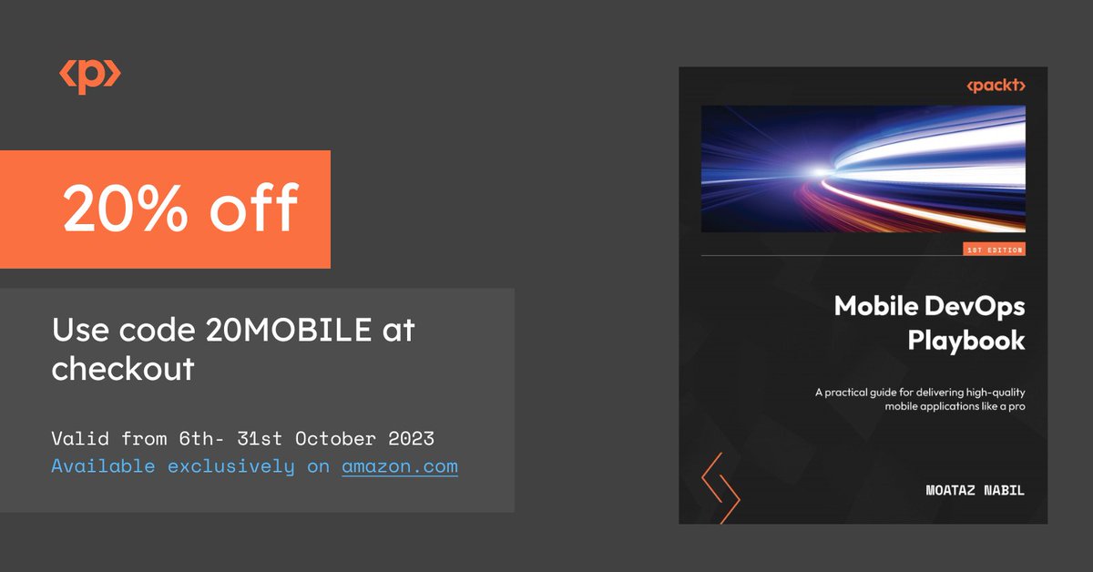 Moatazeldebsy's tweet photo. 📢 Exciting News! 🎉  I'm offering a special limited-time deal for all mobile DevOps enthusiasts. Get my book, "Mobile DevOps Playbook," at a discounted price on Amazon! 📚
🔥 Use  "20MOBILE" at Amazon checkout from Oct 6th to Oct 31st.
👉Grab your copy: https://t.co/mYfae5iDNL https://t.co/BnVBIc2krZ