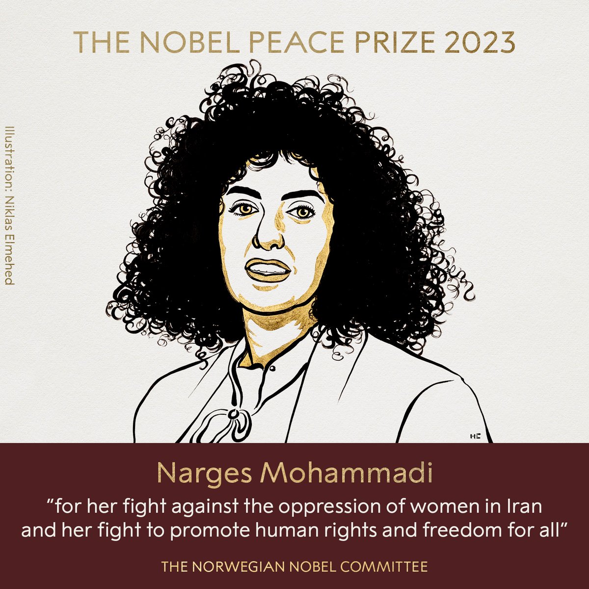 BREAKING NEWS The Norwegian Nobel Committee has decided to award the 2023 #NobelPeacePrize to Narges Mohammadi for her fight against the oppression of women in Iran and her fight to promote human rights and freedom for all. #NobelPrize