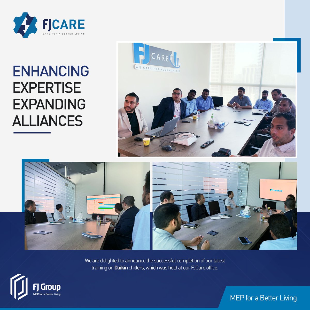 FJGroupMEP's tweet photo. We are delighted to announce the successful completion of our latest training on Daikin chillers, which was held at our FJCare office.We are committed to fostering strong connections and enhancing our professional association with the Daikin team. https://t.co/weMkDXRGcH