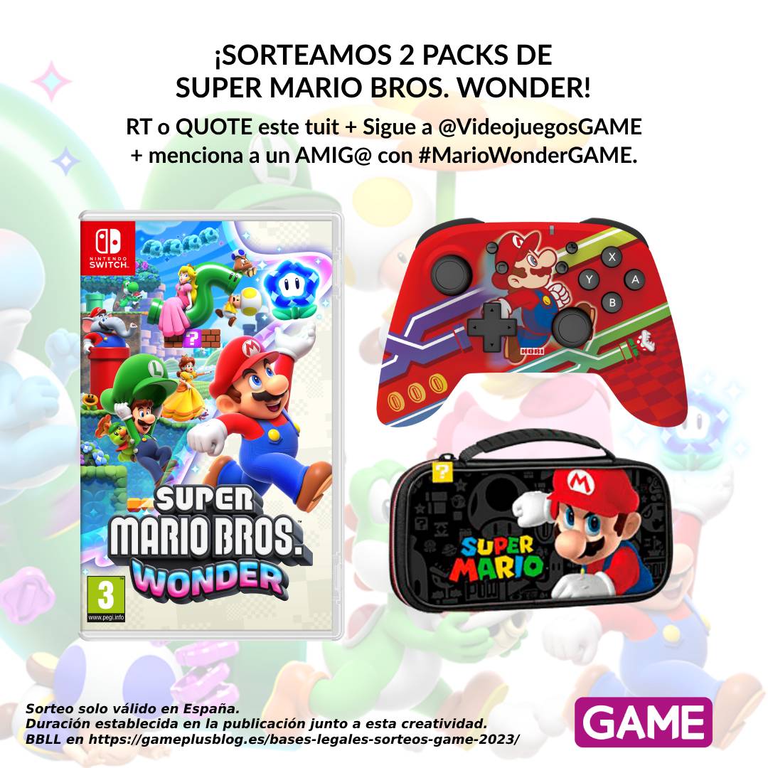 ✨¡Sorteamos 2 packs de Super Mario Bros. Wonder! ✨

🔁 RT o QUOTE este tuit.
👥 Sigue a @videojuegosGAME.
💬 Menciona a un amig@ con #MarioWonderGAME.
⏱ Participa SOLO HOY.

Reserva el juego con SET DE PINS de regalo en GAME ➡ ow.ly/3ysi50PShPS
