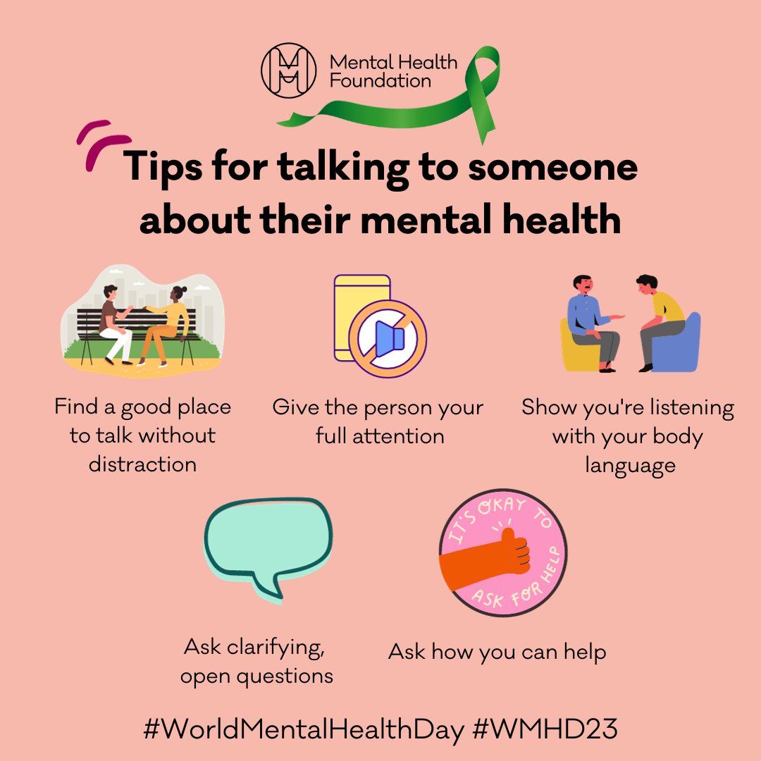 #WorldMentalHealthDay is coming up on 10 October. It's a day to talk about mental health - because the more we talk about it, the more we show that it matters. Here are some tips about how to talk to someone about their mental health. 🗣️ Get involved: bit.ly/45ZdUIp
