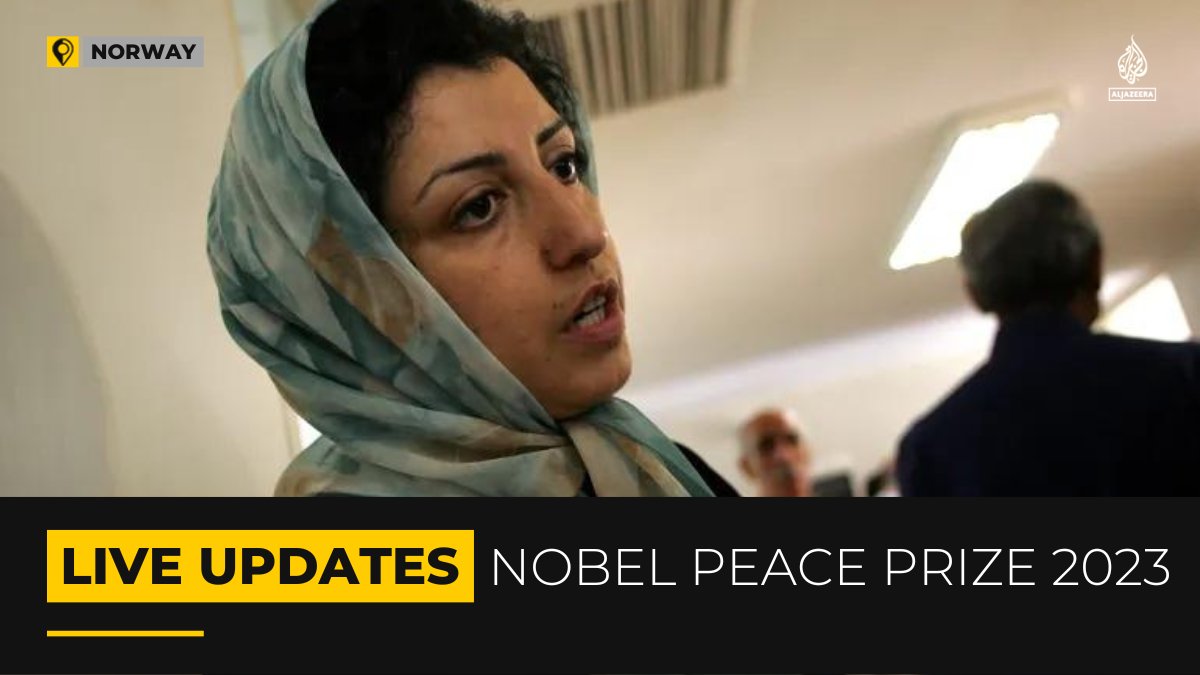 AJEnglish's tweet photo. Narges Mohammadi, a jailed Iranian women’s rights advocate, has won the Nobel Peace Prize.

🟡 LIVE updates: https://t.co/bdY8sx5NQO https://t.co/chladtVrBn