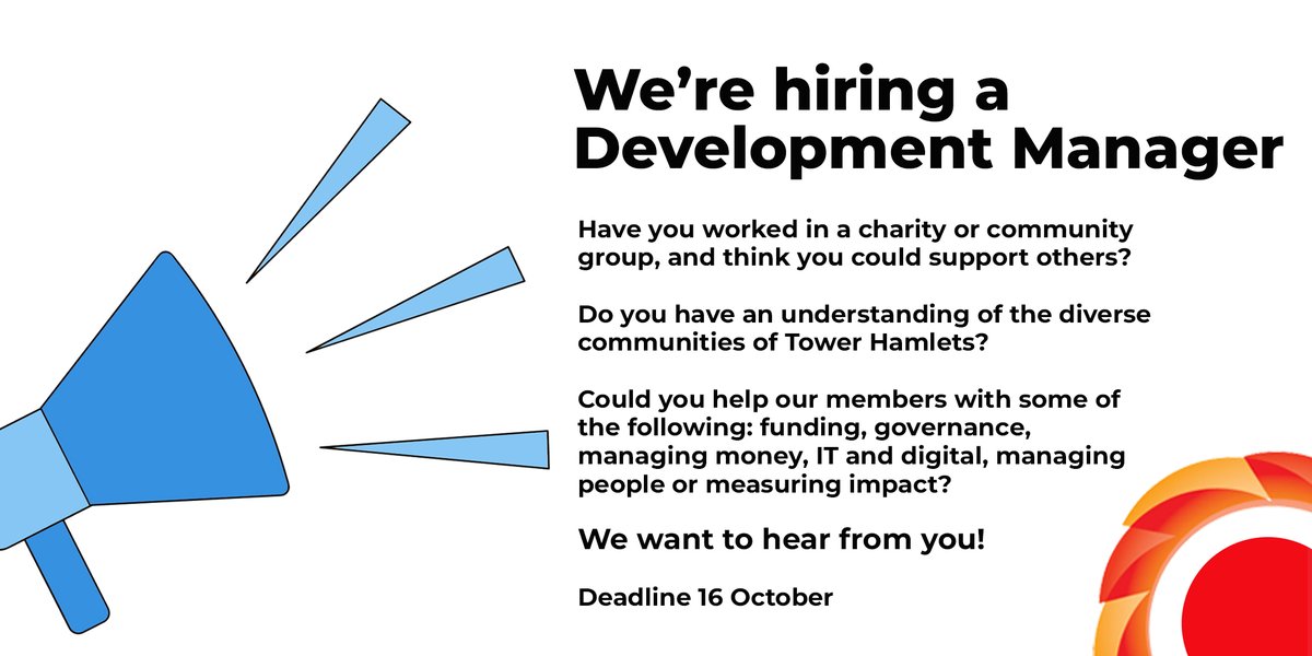 TowerHamletsCVS's tweet photo. #THCVS are hiring a Development Manager
Have you worked in a charity or community group and think you could support others?
Do you have an understanding of the diverse communities of TH?
If so, we would like to hear from you!
➜➜➜https://t.co/F4bOg1t7Z5
Deadline 16 Oct. @9:30am https://t.co/6XXNk6TraU