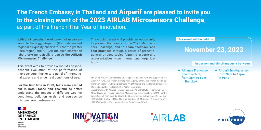 Airparif's tweet image. [#MicrosensorChallenge]
🏆Join us for the Closing Event of the 2023 AIRLAB Microsensors Challenge! Organised by Airparif on 23rd November, simultaneously in:
📍Bangkok at Alliance Française @AFBKK headquarters, from 3pm to 6pm
📍Paris at @Airparif headquarters, from 9am to 12pm…