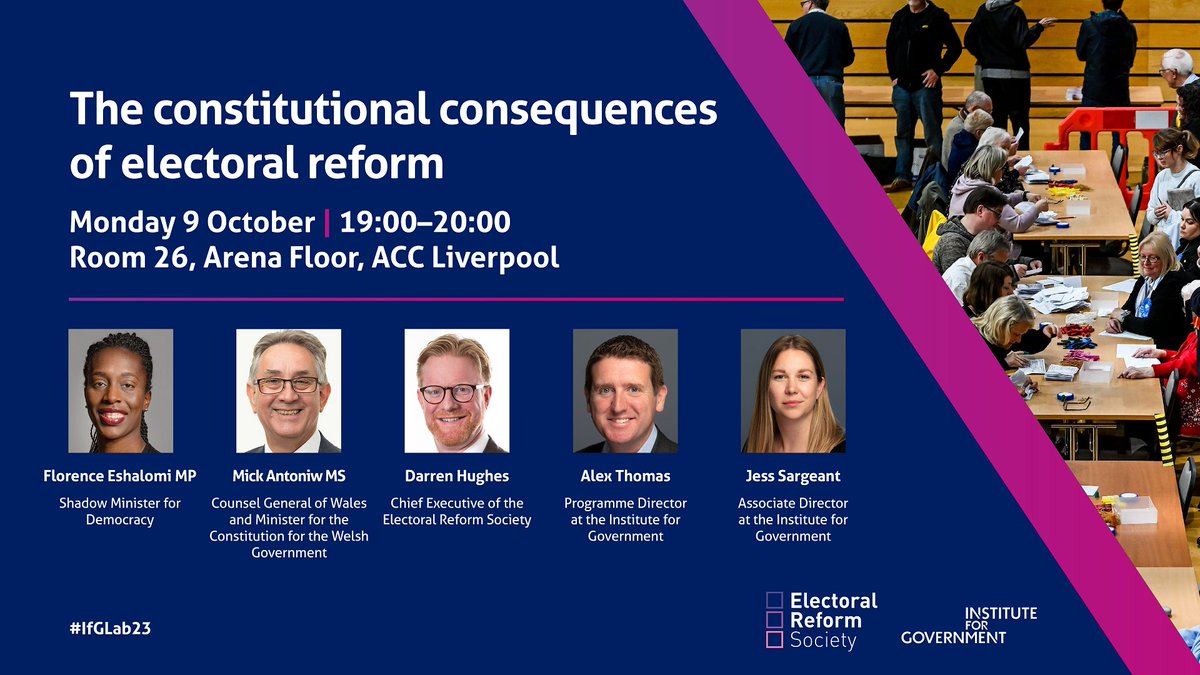 And to wrap up Monday, at 19:00 we will host a discussion exploring the constitutional consequences of electoral reform. Our panel includes @FloEshalomi @MickAntoniw1, @darrenhughesnz from @electoralreform, @AlexGAThomas and @Jess_Sargeant.