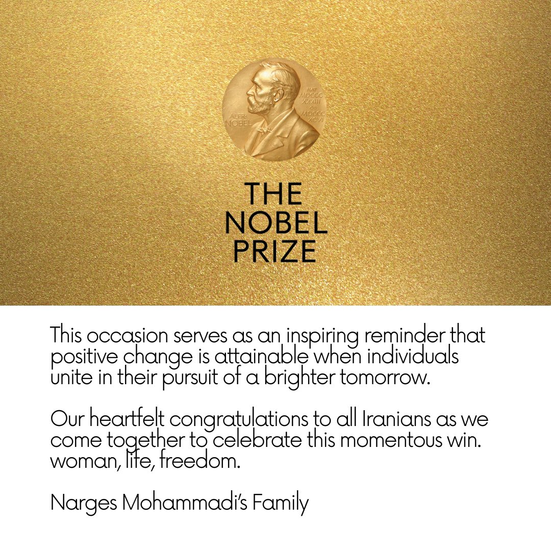 nargesfnd's tweet photo. A Historic and Profound Moment for Iran's Fight for Freedom: The Distinguished 2023 Nobel Peace Prize awarded to Narges Mohammadi, Iranian human rights activist, for her unwavering dedication to fighting for human rights and women's rights over the past three decades. https://t.co/bMFEdRZRZl