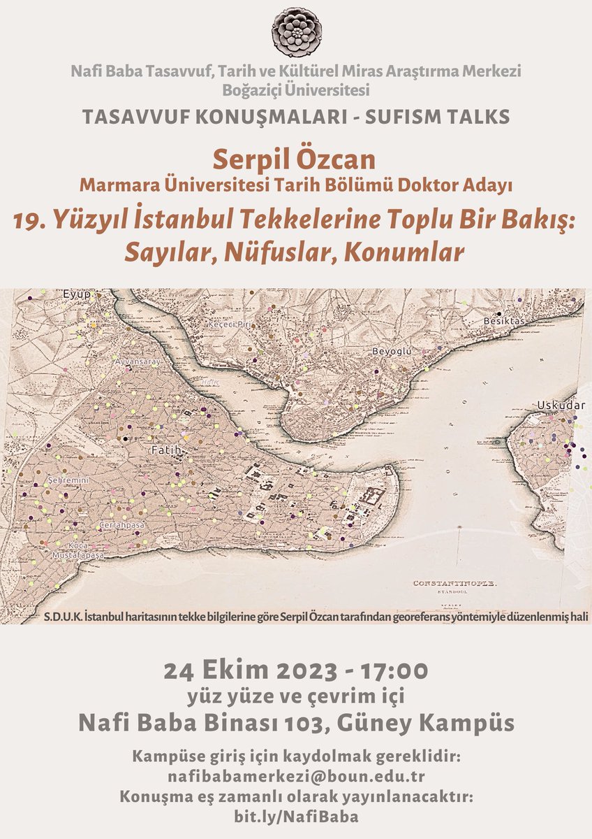 Nafi Baba Merkezi Tasavvuf Konuşmaları dizisinin 2023-2024 akademik yılındaki ilk konuğu Serpil Özcan. “19. Yüzyıl İstanbul Tekkelerine Toplu Bir Bakış: Sayılar, Nüfuslar, Konumlar” başlıklı konuşma 24 Ekim Salı saat 17:00’de (TSİ) gerçekleşecek.