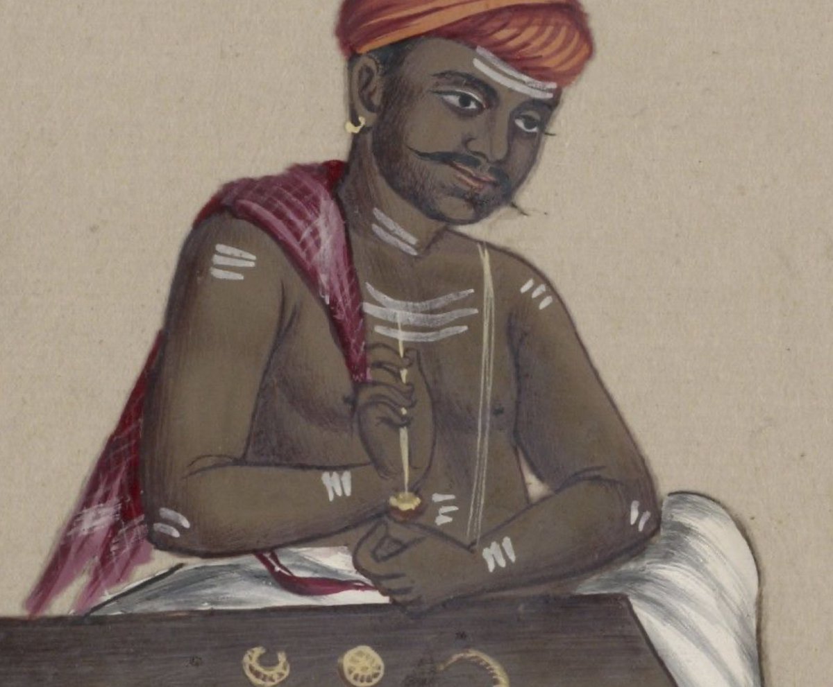 PunchTantrum's tweet photo. ‘Sacred thread worn by Hindoo goldsmith in Madura region.’ 

[Goldsmith = Sunar or Swarnkar, currently listed as #OBC]

- Seventy-two Specimens of Castes in India. 1837

#Yajnopaveet #Upaveet #Caste #Discrimination #Hindu #Colonialism #CasteMyths https://t.co/dyZ9ca623c