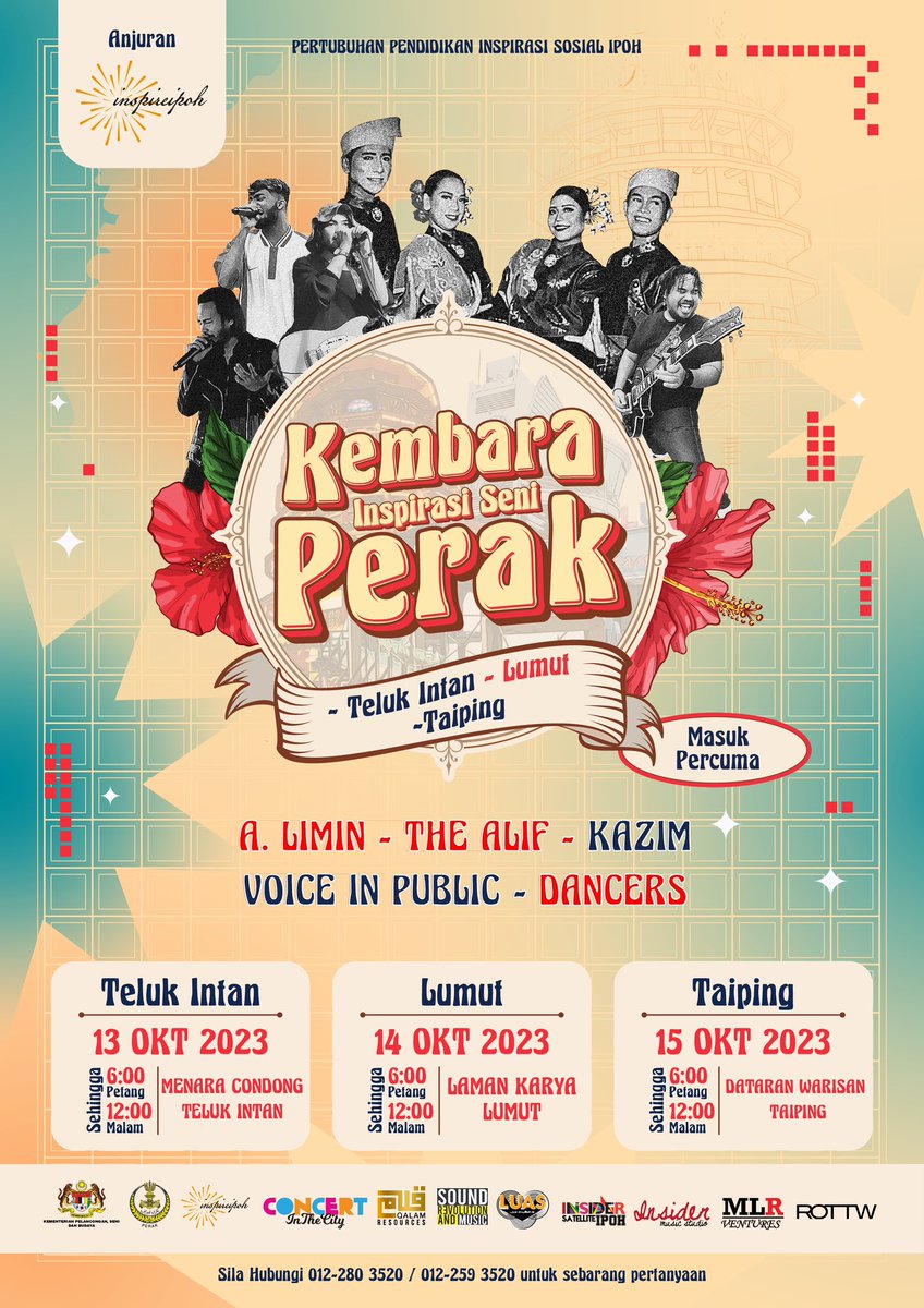 Kembara Inspirasi Seni Perak akan diadakan tiga hari berturut di tiga di buah daerah iaitu Teluk Intan, Lumut dan Taiping. 

Bermula pada minggu hadapan di Menara Condong Teluk Intan, 13 Oktober 2023, Laman Karya Lumut 14 Oktober 2023 dan Dataran Warisan Taiping 15 Oktober 2023.