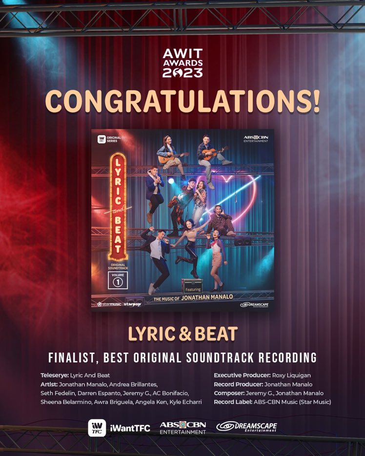 Get up and dance coz #LyricAndBeat is a Finalist for Best Original Soundtrack Recording at the 36th Awit Awards!

CONGRATULATIONS!!! 👏👏👏

#AndreaBrillantes
#SethFedelin 
#KyleEcharri