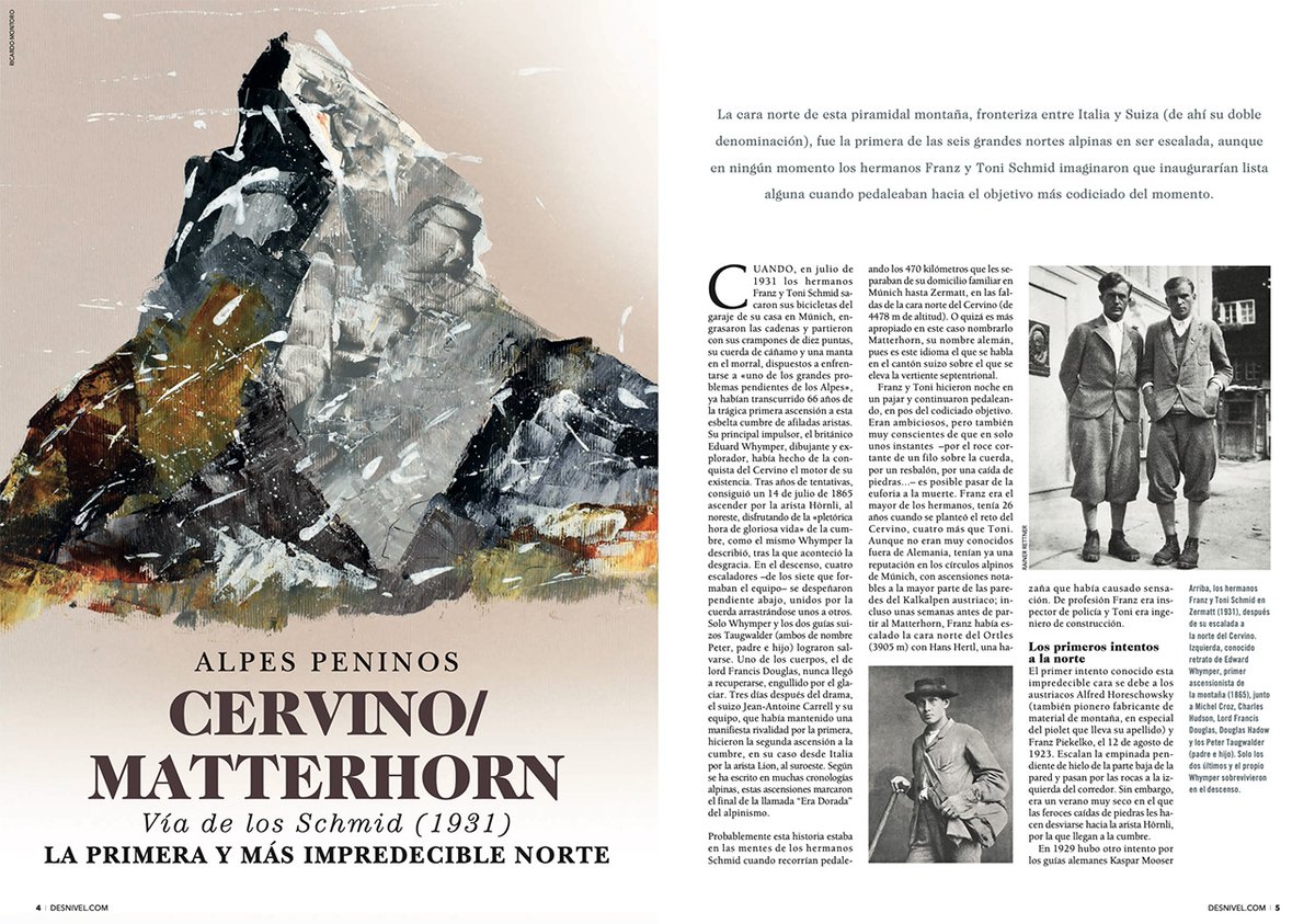 desnivelados's tweet photo. Presentamos Desnivel nº 432 para amantes de la historia del alpinismo en el que recuperamos los relatos de las primeras ascensiones de las 6 caras nortes de los #Alpes: Cervino, Cima Grande de Lavaredo, Petit Dru, Piz Badile, Eiger y Granes Jorasses https://t.co/FxcpDJe7g4 https://t.co/QBGGvF1lIb