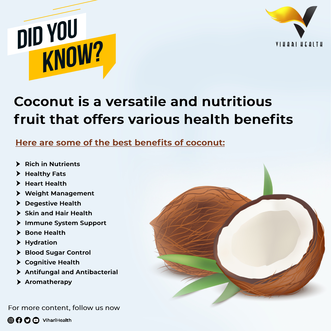 Coconut is a versatile food that offers various health benefits
Have some coconut in diet and be healthy always📷
For more health tips, please do follow Vihari Health
#Viharihealth #healthtips #coconut #coconutbenefits📷 #coconutbenefits #coconutuses #besthealthtips