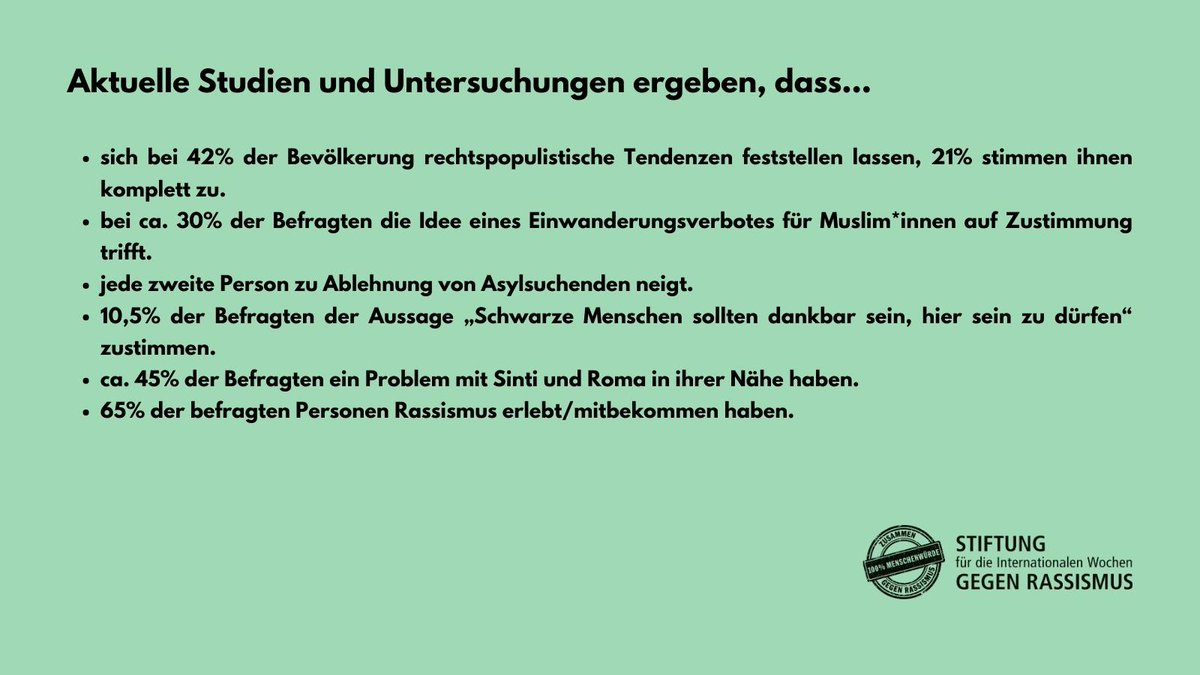 Warum ist Antirassismus wichtiger denn je? Trotz vieler Bemühungen von Politik und Zivilgesellschaft sind rassistische Gedanken und Handlungen in unserer Gesellschaft – und nehmen teilweise auch zu.  
Quellen: stiftung-gegen-rassismus.de/geschichte
