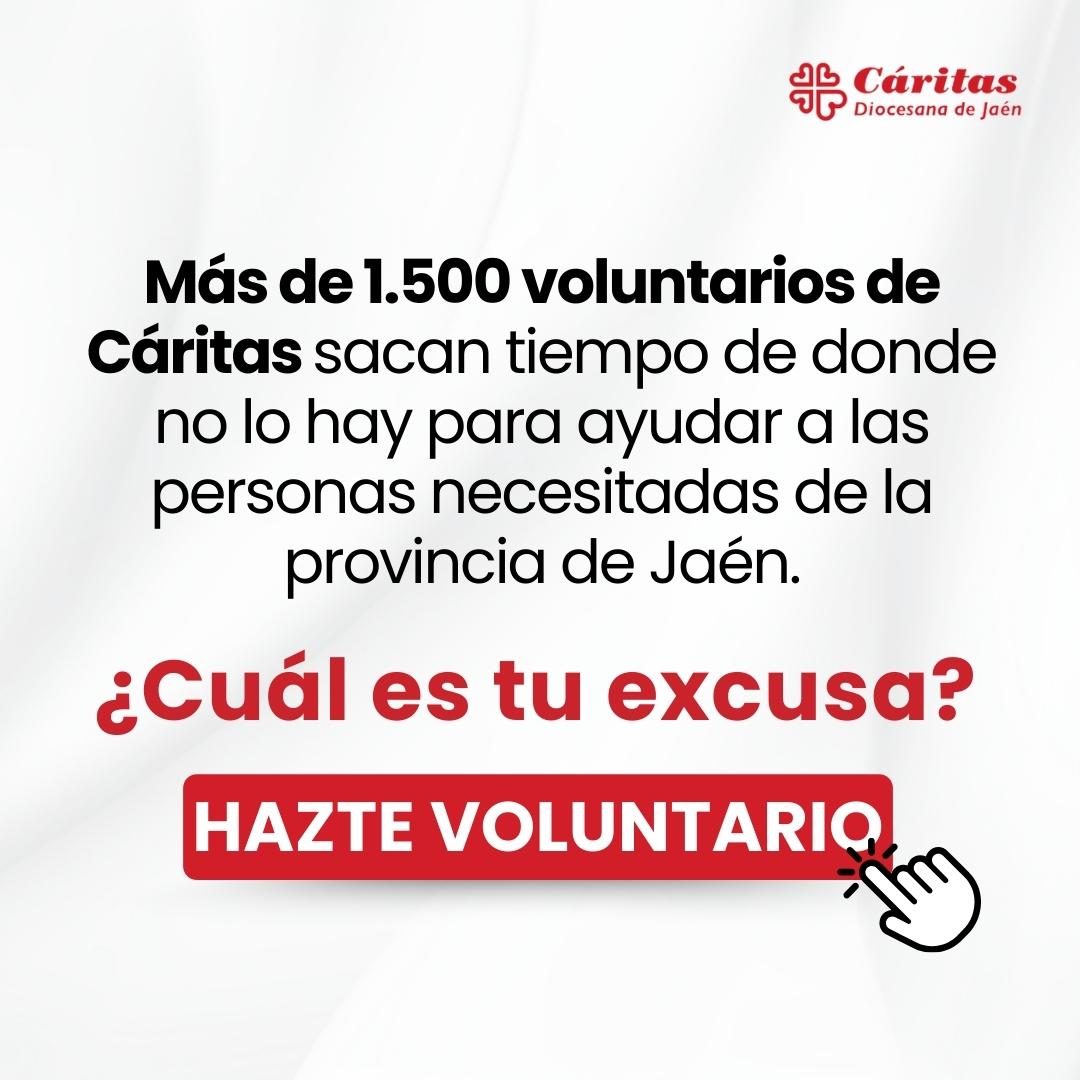 Más de 1.500 voluntarios sacamos tiempo de donde no lo hay... 𝗡𝗲𝗰𝗲𝘀𝗶𝘁𝗮𝗺𝗼𝘀 𝗮 𝗺𝗮́𝘀

🤲🏼 Dona o Hazte voluntario aquí: caritasjaen.es/campanas/cual-…

¿𝗖𝘂𝗮́𝗹 𝗲𝘀 𝘁𝘂 𝗲𝘅𝗰𝘂𝘀𝗮?

#CuálEsTuExcusa #ONG #Cáritas #Jaén #Voluntarios #Donaciones #Solidaridad