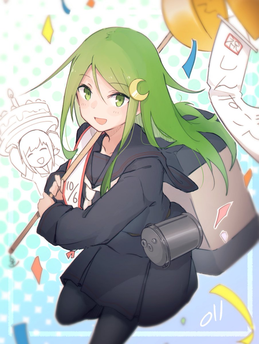 nagatsuki (kancolle) school uniform serafuku green eyes green hair crescent long hair black serafuku  illustration images