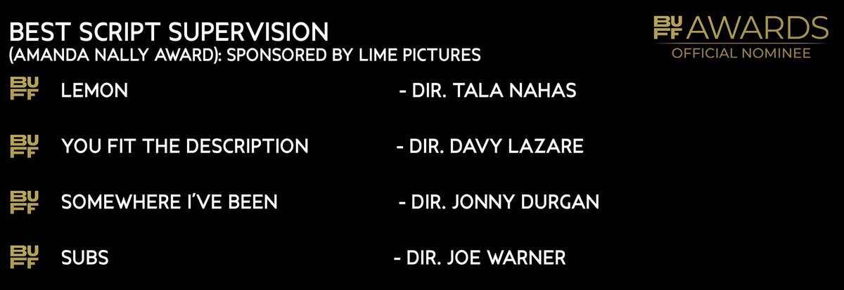 TheBUFFAwards's tweet photo. BUFF Awards 2023.
The nominations for best script supervision (Amanda Nally award)

🟠LEMON - dir. Tala Nahas

🟠YOU FIT THE DESCRIPTION - dir. @_davylazare 

🟠SOMEWHERE I’VE BEEN - dir. Jonny Durgan 

🟠SUBS - dir. Joe Warner 

Sponsored by @LimePictures 

#BUFFAwards https://t.co/5OJ8vgejBI