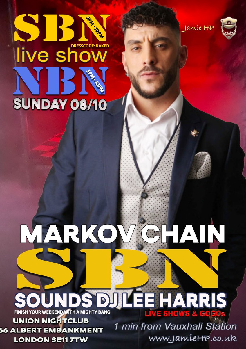 jamiehpevents's tweet photo. 🔥AT SBN & NBN Attend an exciting live show at SBN and NBN this Sunday 🔞 featuring Markov Chain and Kai Henry. It is a fantastic show, so be there at 5 pm.

😈Experience the ultimate blokey event at SBN, where over 550 guys gather for a men-only naked party. It's fun, sexy, and friendly, so leave your inhibitions behind and join the festivities.

🍭Join the dance, chat, and drink in the bar accompanied by DJ Lee Harris. Enjoy the captivating performances of bareback dancers Leandro, David, and Luca on the stage at 5 p.m.

😈Afterward, explore 5000 sq ft of the expansive urban scaffold in the arches beyond for entertainment.

🥳5pm Join the SBN fun with NBN even more; men can participate in the action in jock or underwear.

⏰ Doors 2 pm. - 10pm

💳 💰You can secure your tickets for SBN and enjoy the event at a discounted price. Members can grab their tickets for £19, while guests can join in for £21. Don't forget to take advantage of the coat check service and enjoy some free poppers during the event.

https://t.co/pafG3oIT55

Vauxhall Mainline and Tube Stations

@HoistClub 
@SBNXXXSUNDAYS
@FetishPig
@gaysexpartyxxx
@ClonezoneSOHO
@Gay_London_Life 
@UKLethermen 
@hungyoungbrit
@theroomofmen
@SquirtOrg
@CruisingCorp
@RushOfCruising
@PublicSexGay
@HotMaleStuds
@gaysexinpublic
@GaySexGang
#gaymenofinstagram #gayclub #londongays #gaymuscleboy #gaypornstars #leatherharness #gayclubbing