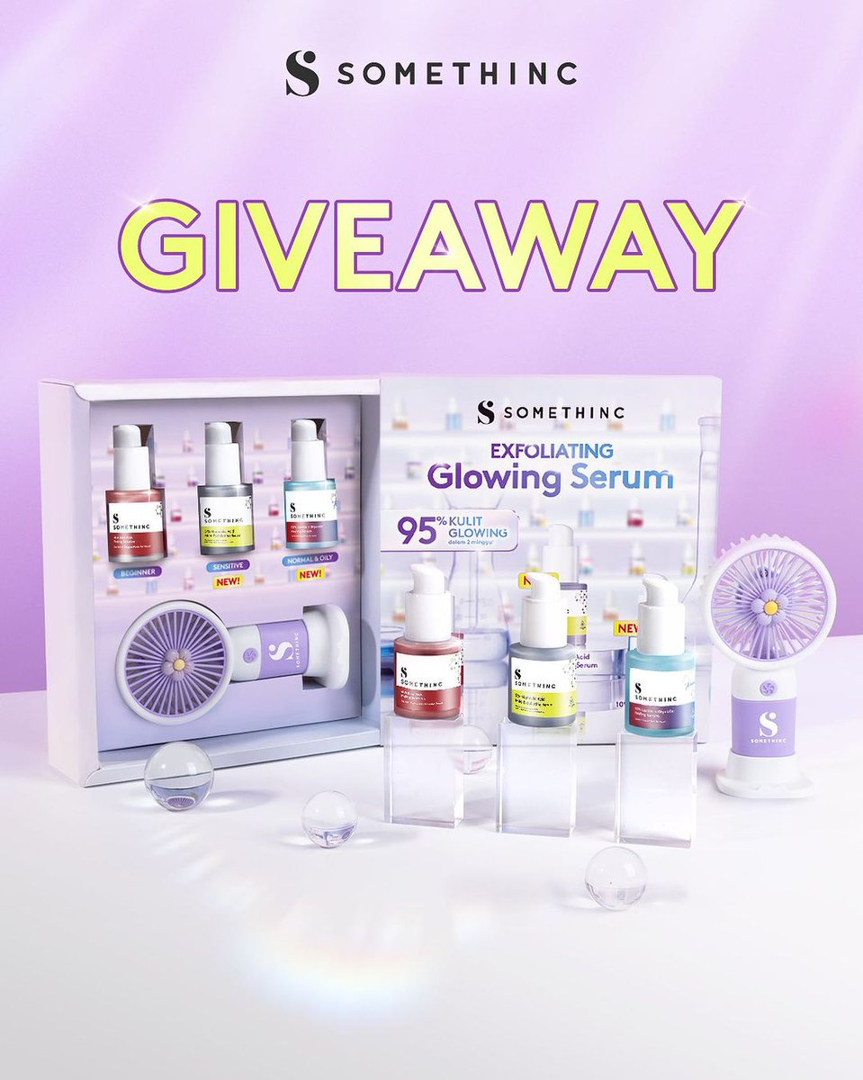 Somethinc4u's tweet photo. [GIVEAWAY] PR PACKAGE Exfoliating Glowing Serum Somethinc🎁✨

Caranya:
1. Follow Minthinc @Somethinc4u
2. ❤️ &amp; 🔂 ini dan tweet-tweet Minthinc sebelumnya yang bahas Exfoliating Glowing Serum
3. Kalo udah reply "DONE" disini

3 pemenang dipilih tanggal 9 Okt ya Squad, goodluckk💜 https://t.co/cSdc3Inyna