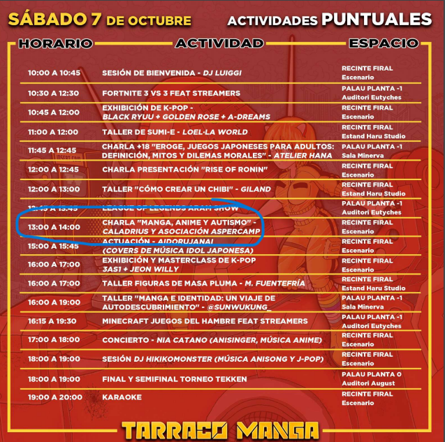 aspercamp's tweet photo. Recordeu que demà dia 7 a les 13h. ho pasarem genial a la taula rodona  "Manga, Autismo y Anime" al Tarraco Manga @starracotgn. Joves d' Aspercamp amb  @CaladriusYT explicaran l'interès pel manga i l'anime. També estarem en stand informatiu i solidari. Ens veiem aquest finde! https://t.co/ErYCN5Gobd