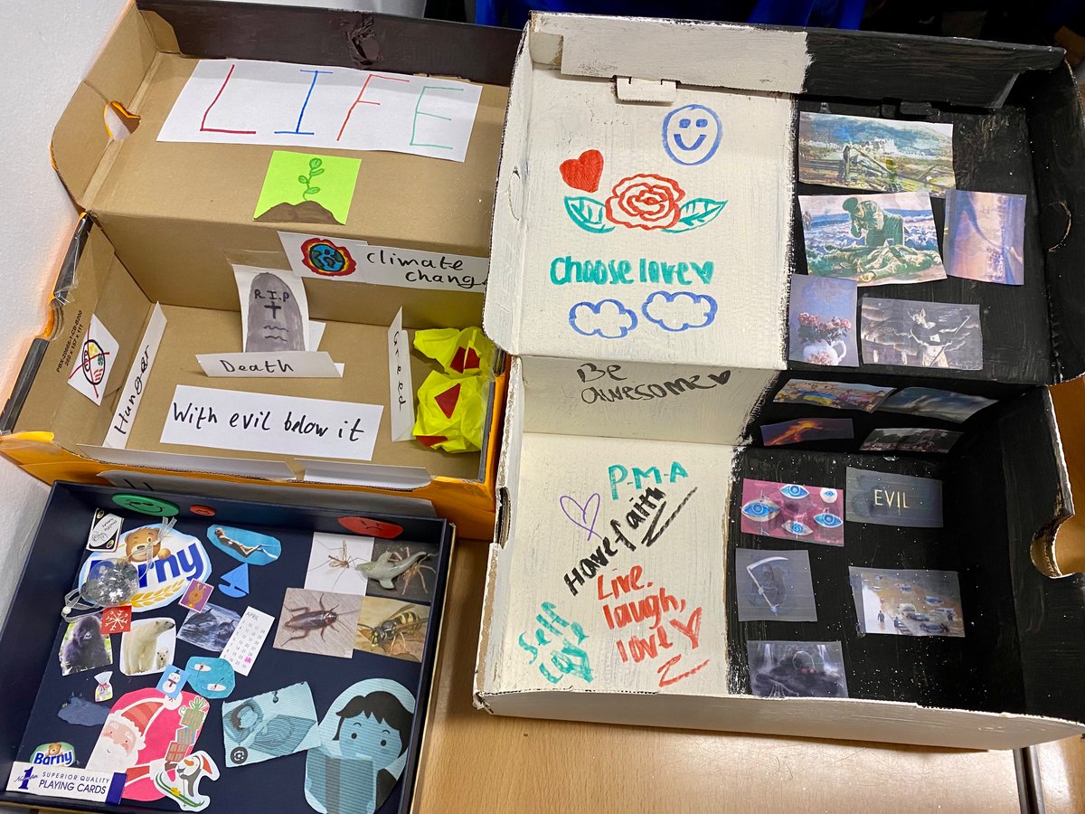 OhgsRS's tweet photo. Can always rely on 9F to go above and beyond. These are examples of our ‘My Box of Chaos’ homework, based on the Pandora’s box story.  @OldhamHulme https://t.co/R5lz0Ld7aK