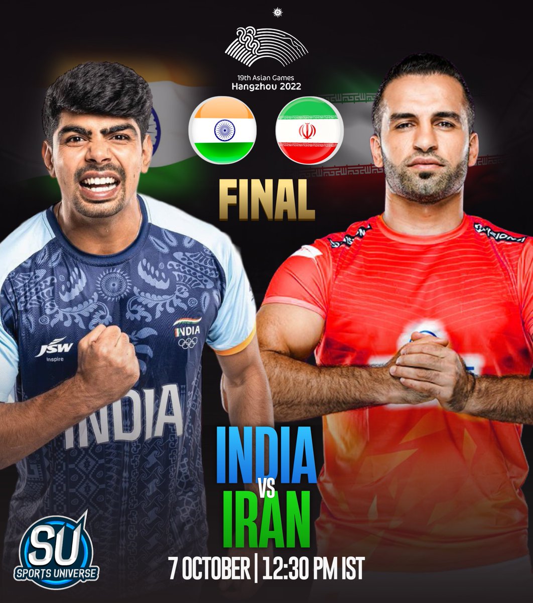 India vs Iran final in the 19th Asian Games! 🏆

- It's time to seek revenge against Iran.
- It's time to get back the champions' tag in Asian Games Kabaddi.
.
.
.
#AsianGames #AsianGames2023 #TeamIndia #India #Kabaddi #IndiavsIran #IndianKabaddi #SportsUniverse