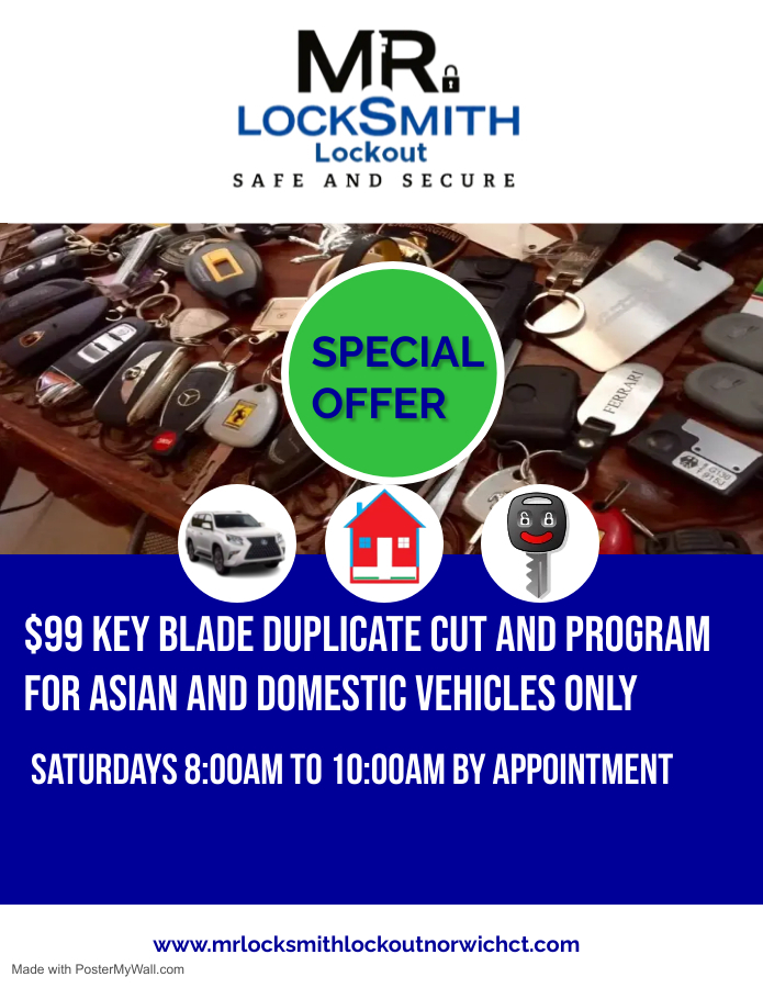 MrLocksmith10's tweet image. Need a spare key for your Asian or Domestic vehicle? We've got you covered! Get a $99 key blade duplicate with cutting and programming. Don't miss out! #CarKeys #DuplicateKeys
mrlocksmithlockoutnorwichct.com