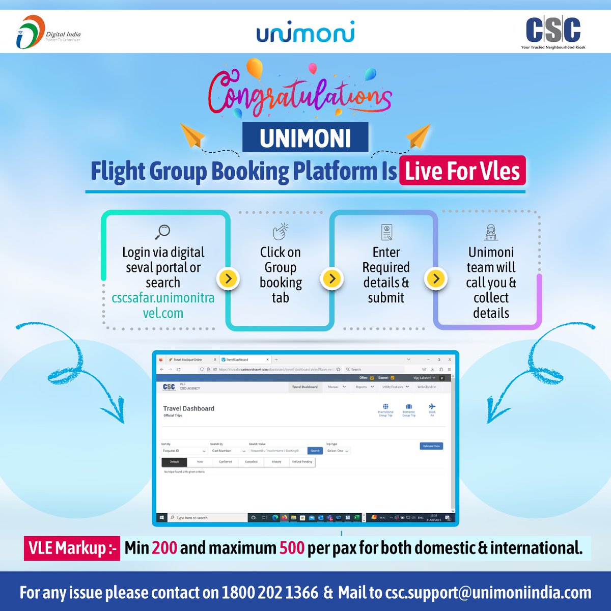 CscSafar's tweet photo. Attention!

The Unimoni Flight Group Booking Platform is now LIVE for VLEs. Earn attractive commissions on every booking!

#cscsafar #csc #digitalindia #flightbooking #flightservices #unimoni #airbooking https://t.co/eRQ5Ejse9D