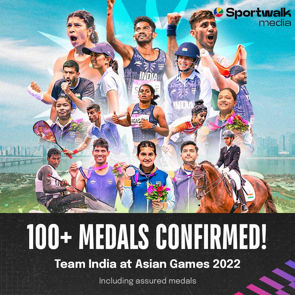 sportwalkmedia's tweet photo. 💯 𝗜𝗧'𝗦 𝗢𝗙𝗙𝗜𝗖𝗜𝗔𝗟! For the first time in Asian Games history, India will end the campaign with the medal count in triple digits.

🎖️ 𝙄𝙎𝙎 𝘽𝘼𝘼𝙍 100 𝙋𝘼𝘼𝙍 𝙄𝙎 𝙊𝙁𝙁𝙄𝘾𝙄𝘼𝙇!

➡️ Follow @sportwalkmedia for schedule, results, medal and record alerts.

@19thAGofficial @Media_SAI @WeAreTeamIndia @IndiaSports

📷 Pics belong to the respective owners • #AsianGames #AsianGames2022 #AsianGames2023 #Hangzhou #IndianSports #Cheer4India #TeamIndia #Sportwalk