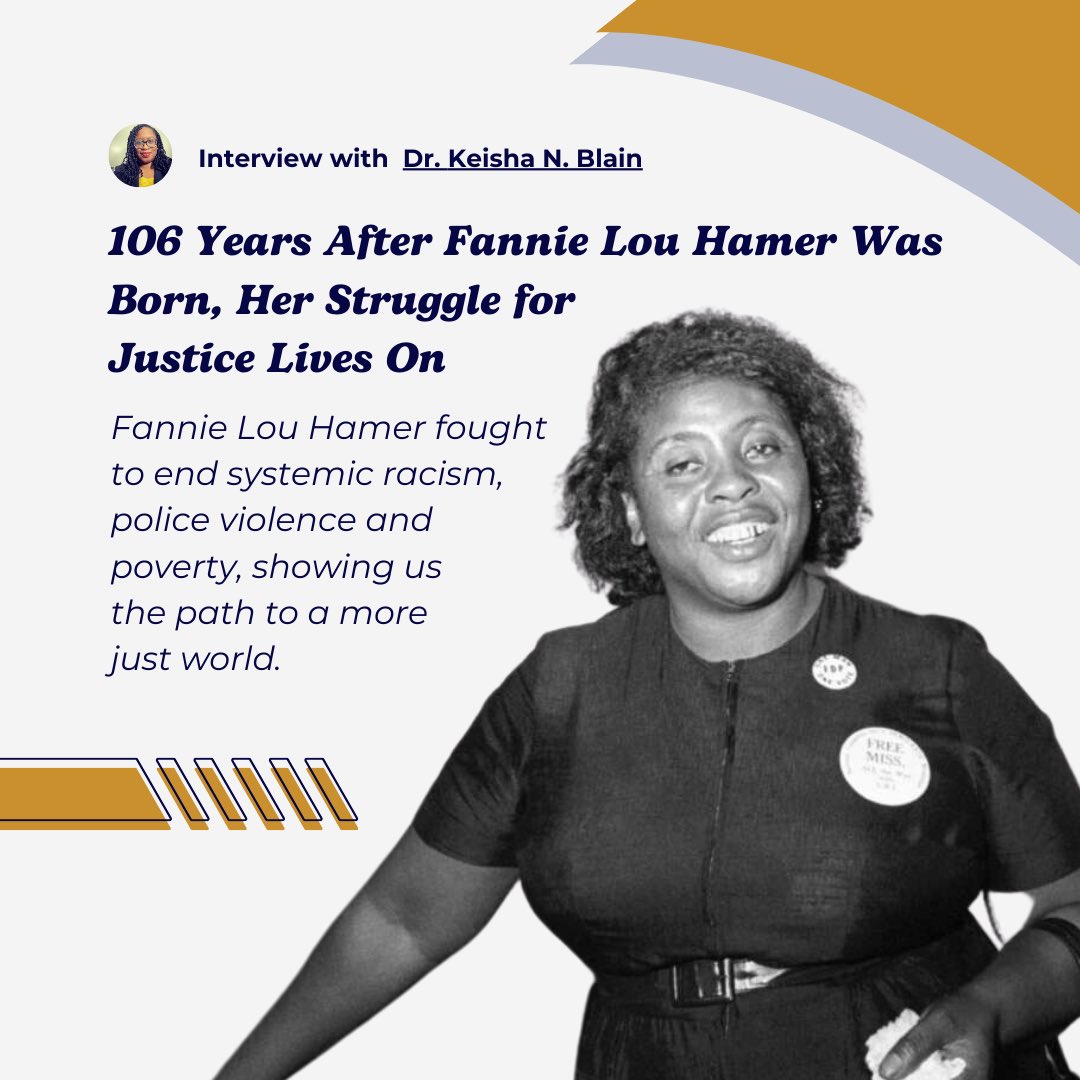 ✨Many thanks to @bekah_soul & @truthout for the opportunity to discuss the enduring legacy of Mrs. Fannie Lou Hamer on her 106th birthday. 🙏🏾🙏🏾 #fannielouhamer #history #blackwomenlead 

truthout.org/articles/106-y…