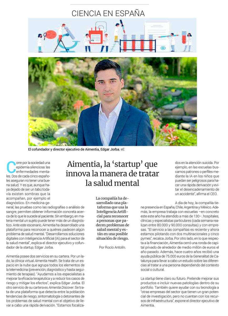 #BHVPortfolio: <a href="/aimentia/">Aimentia HealthTech</a>, la #startup que innova la manera de tratar la #SaludMental. Interesante reportaje en la revista <a href="/elEconomistaes/">elEconomista.es</a> Sanidad. 

✍️🏼<a href="/holaroocio/">Rocío Antolín</a> revistas.eleconomista.es/sanidad

@ClusterSalutMen

#BHVStartupBuilders #VentureBuilder #health