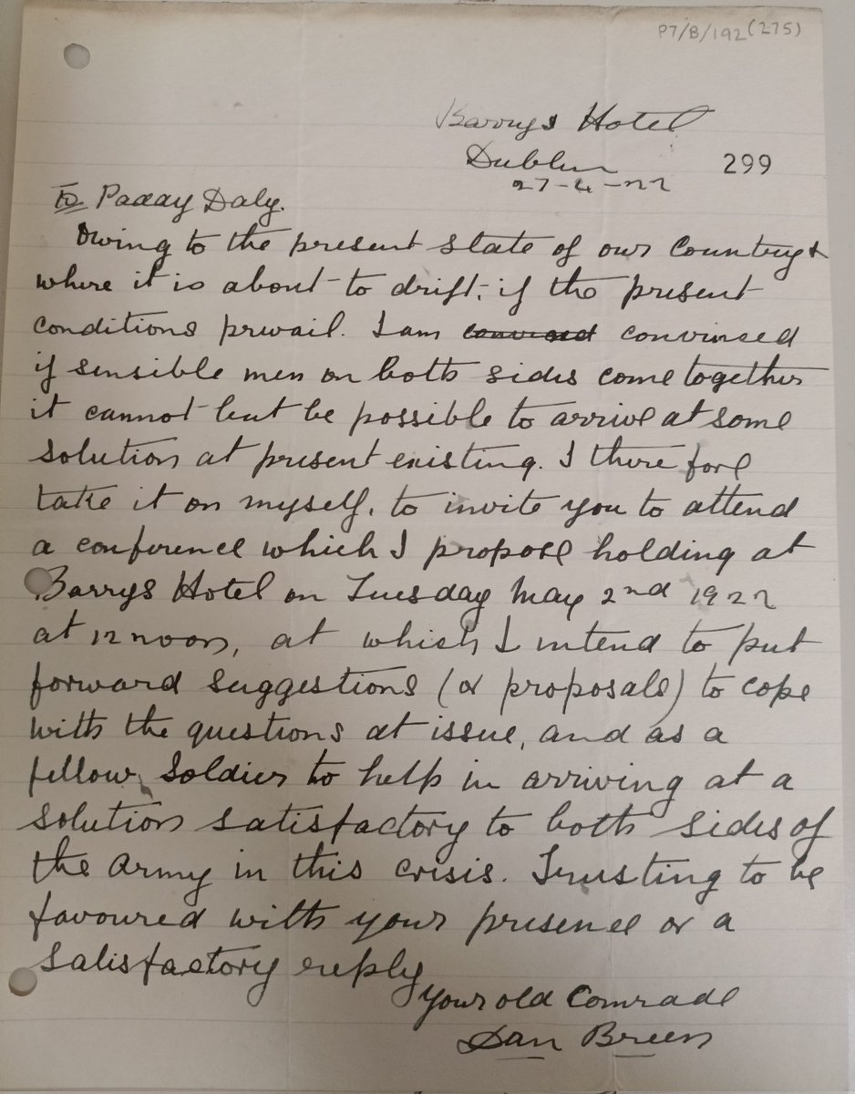 JordanNiamh's tweet photo. Attempting to prevent the #IrishCivilWar April 1922
'To Paddy Daly
..I am convinced if sensible men on both sides come together it cannot but be possible to arrive at some solution...satisfactory to both sides of the army in this crisis..
Your old comrade
Dan Breen'
@ucdarchives https://t.co/jLXir3mTCW