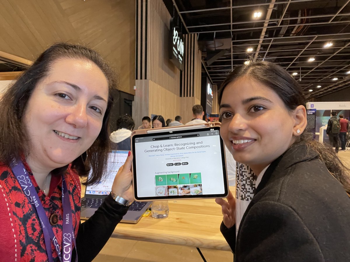 dimadamen's tweet photo. A shout-out to an afternoon session (from 2:30pm) poster Nord25
Chop &amp; Learn: Recognizing and Generating Object-State Compositions
Thanks @saini_nirat for taking the time this morning to tell me more about your work! 
work led by @abhi2610 https://t.co/wGYkpzuCnn
