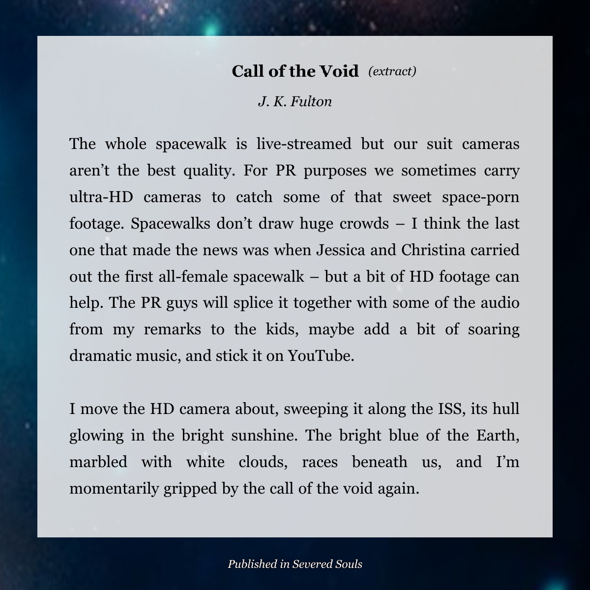 The first all-woman spacewalk took place #OTD in 2019.

@Johnkfulton's CALL OF THE VOID follows a NASA astronaut aboard ISS as she goes out on a seemingly routine spacewalk and has an unexpected encounter.

Read the full story in #AliensOtherness:
spacecatpress.co.uk/shopfront/seve…