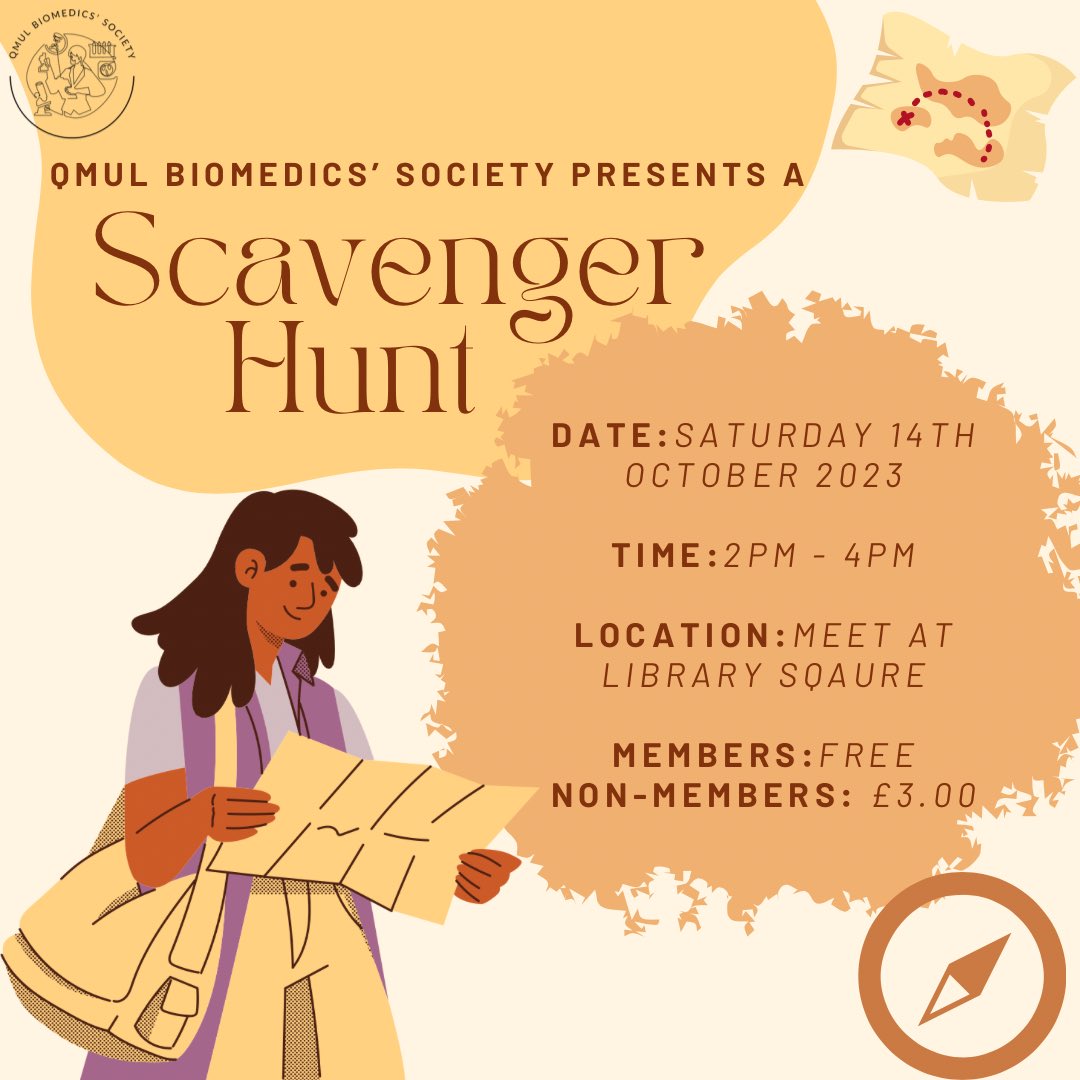 —Scavenger Hunt—

Come join us on an adventure around campus to find clues! 

There are prizes to be won 🎉

🗓️ Date: Saturday 14th October
🕛 Time: 2 pm - 4 pm
📍 Location: Meet at Library square

MEMBERS GO FREE
NON MEMBERS £3

Buy your tickets through the Student’s Union page