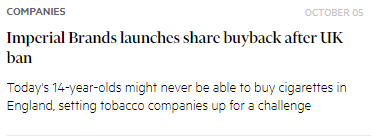 Seems like more regulations are coming towards tobacco. I have $bats $bti and $imb #imb. So far they have been great income producers. It may be affected by the new regulations. #Tobacco #imperialbrands #buybacks #