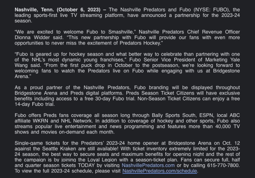 Nashville Predators Announce Opening Week Celebrations