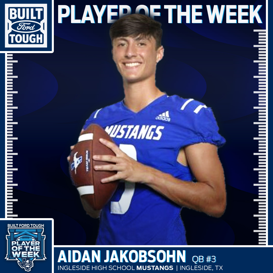 TXFordDealers's tweet photo. 🏈 @JakobsohnAidan outstanding performance led @inglesidehs to a 69-28 W, completing 18/21 passes for 426 YDs. The senior QB has thrown 1,903 YDs &amp; 31 TDs this season, a key contributor to the 6-0 Mustangs, making him the Class 4A #BFTPOWeek. #STXFord #Ford #TXHSFB #BFTPOW https://t.co/y5oIjh1YOK