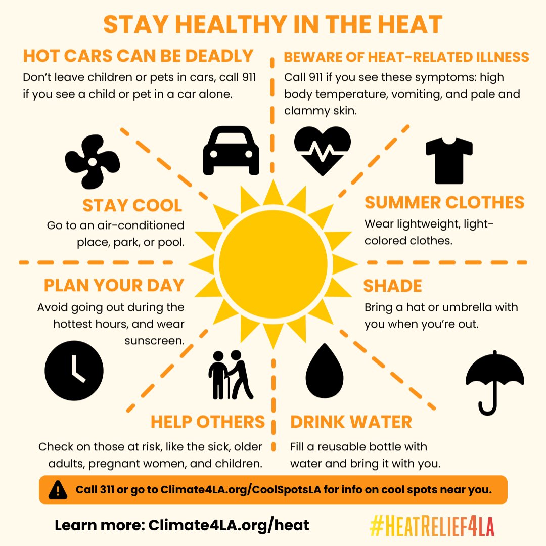 🌳💧 Stay Cool with Shade and Water! 1️⃣ Stay hydrated! Drink water & carry a reusable bottle 2️⃣ Check Climate4LA.org/CoolSpotsLA for places to rest & recover 3️⃣ Wear loose-fitting, and breathable clothing👚👕 4️⃣ Check on your family, friends, and neighbors #HeatRelief4LA #HeatSafeLA